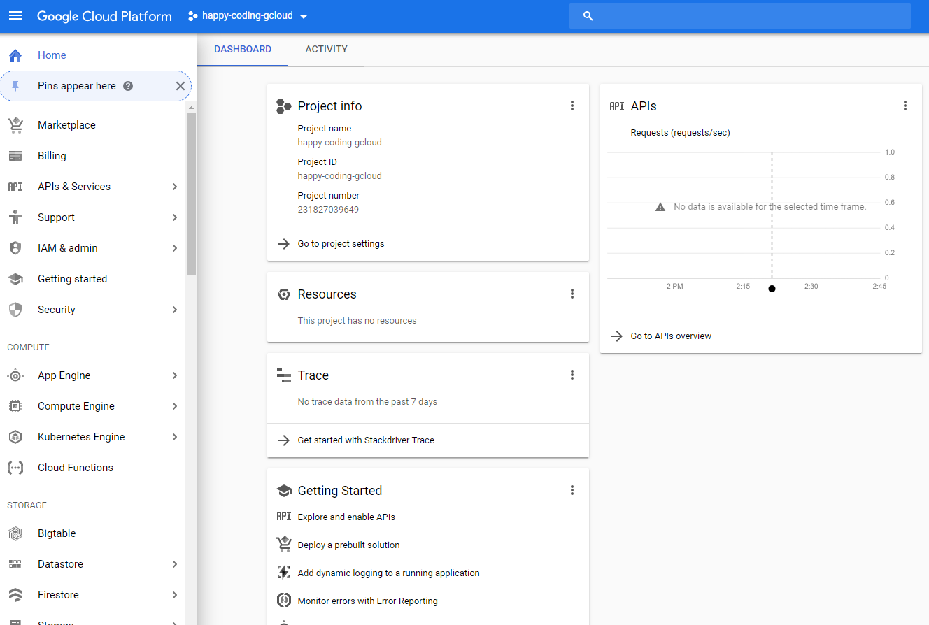 Google Cloud project homepage